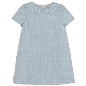Luli & Me Blue and White Tweed Dress with Embroidered Floral Collar